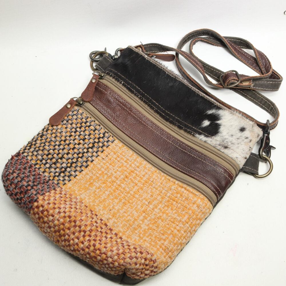 Myra Bags Crossbody Handbag Women M Brown Black Leather Wool Tweed Lined Bag